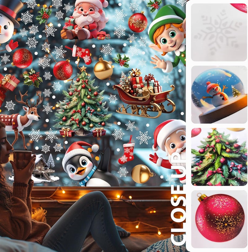 WALPLUS Christmas Window Clings - Clearance Decorations, Double-Sided Reusable Peel & Stick Removable for Glass, Living Room Xmas Peeking Santa Snowflakes, 149 Pcs - Image 2
